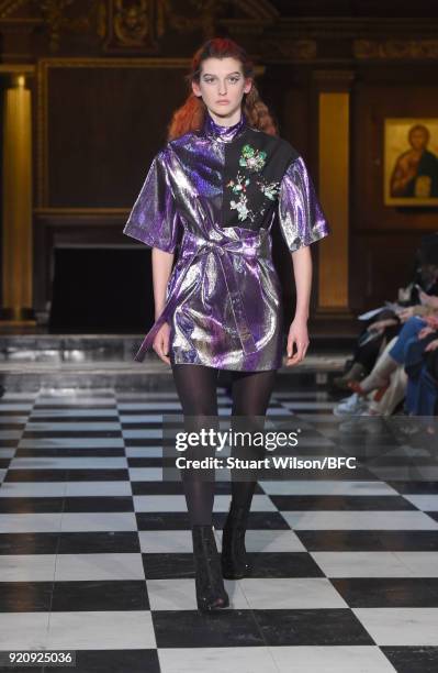 Models walk the runway at the AV Robertson show during London Fashion Week February 2018 at St Andrews Church, Holborn on February 19, 2018 in...