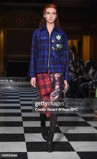 Models walk the runway at the AV Robertson show during London Fashion Week February 2018 at St Andrews Church, Holborn on February 19, 2018 in...