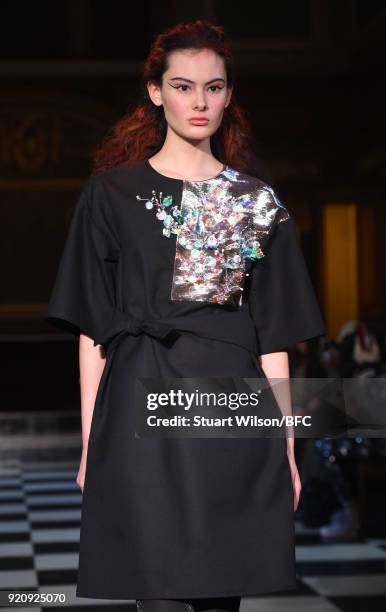 Models walk the runway at the AV Robertson show during London Fashion Week February 2018 at St Andrews Church, Holborn on February 19, 2018 in...