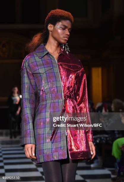 Models walk the runway at the AV Robertson show during London Fashion Week February 2018 at St Andrews Church, Holborn on February 19, 2018 in...