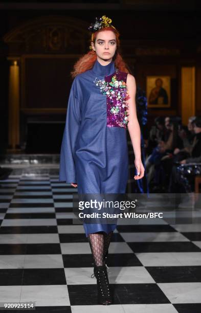 Models walk the runway at the AV Robertson show during London Fashion Week February 2018 at St Andrews Church, Holborn on February 19, 2018 in...