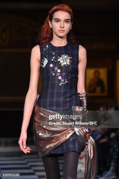 Models walk the runway at the AV Robertson show during London Fashion Week February 2018 at St Andrews Church, Holborn on February 19, 2018 in...