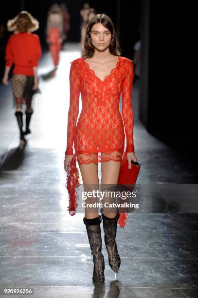 Charlee Fraser walks the runway at the Christopher Kane Autumn Winter 2018 fashion show during London Fashion Week on February 19, 2018 in London,...