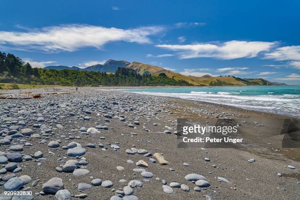 pebble and rock beach on east coast, clarence, south island, canterbury, new zealand - pebble island stock pictures, royalty-free photos & images
