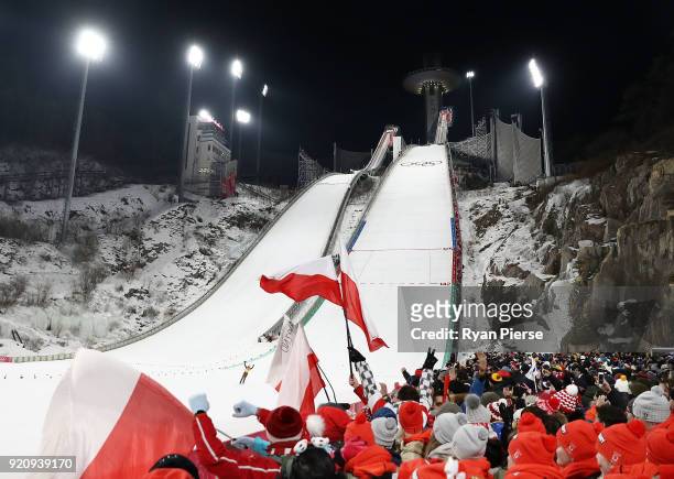 Dawid Kubacki of Poland celebrates after his jump during the Ski Jumping - Men's Team Large Hill on day 10 of the PyeongChang 2018 Winter Olympic...