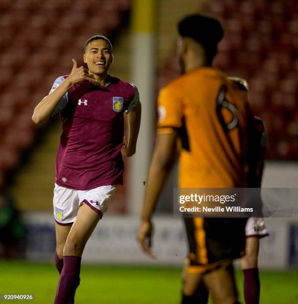 Harvey Knibbs of Aston Villa scores for Aston Villa during the Premier League 2 match between Aston Villa and Wolverhampton Wanderers at Banks'...