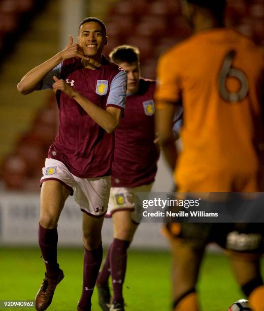 Harvey Knibbs of Aston Villa scores for Aston Villa during the Premier League 2 match between Aston Villa and Wolverhampton Wanderers at Banks'...