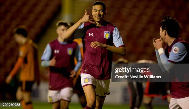 Harvey Knibbs of Aston Villa scores for Aston Villa during the Premier League 2 match between Aston Villa and Wolverhampton Wanderers at Banks'...