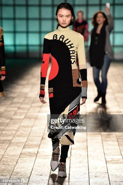 Model walks the runway at the Mary Katrantzou Autumn Winter 2018 fashion show during London Fashion Week on February 18, 2018 in London, United...