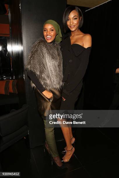 Halima Aden and Jourdan Dunn attend the Julia Restoin Roitfeld & CR Fashion Book drinks party at Blakes Hotel on February 19, 2018 in London, England.