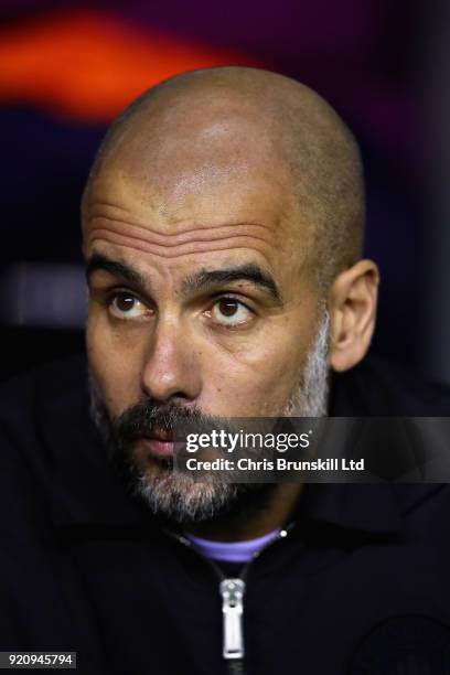 Manchester City manager Josep Guardiola looks on during the Emirates FA Cup Fifth Round match between Wigan Athletic and Manchester City at DW...