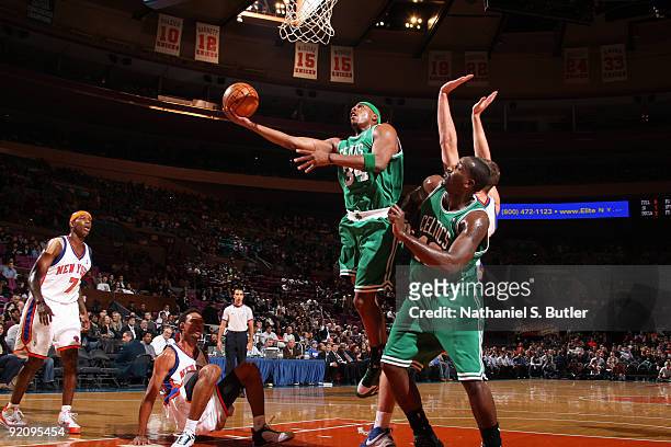 Paul Pierce of the Boston Celtics shoots against Jared Jeffries of the New York Knicks on October 20, 2009 at Madison Square Garden in New York City....