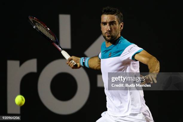 Marin Cilic of Croatia returns a shot to Carlos Berlocq of Argentina during the ATP Rio Open 2018 at Jockey Club Brasileiro on February 19, 2018 in...