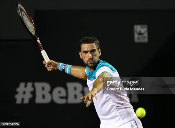 Marin Cilic of Croatia returns a shot to Carlos Berlocq of Argentina during the ATP Rio Open 2018 at Jockey Club Brasileiro on February 19, 2018 in...