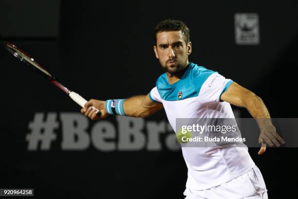 Marin Cilic of Croatia returns a shot to Carlos Berlocq of Argentina during the ATP Rio Open 2018 at Jockey Club Brasileiro on February 19, 2018 in...