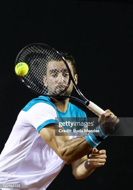 Marin Cilic of Croatia returns a shot to Carlos Berlocq of Argentina during the ATP Rio Open 2018 at Jockey Club Brasileiro on February 19, 2018 in...