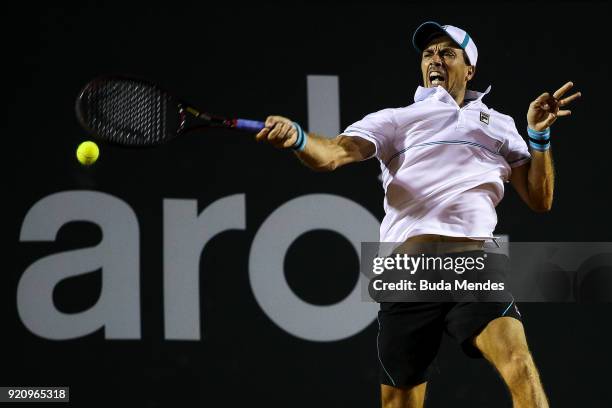 Carlos Berlocq of Argentina returns a shot to Marin Cilic of Croatia during the ATP Rio Open 2018 at Jockey Club Brasileiro on February 19, 2018 in...