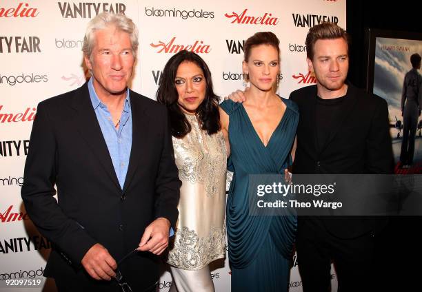 Actor Richard Gere, director Mira Nair, actress Hilary Swank and actor Ewan McGregor attend the premiere of "Amelia" at The Paris Theatre on October...