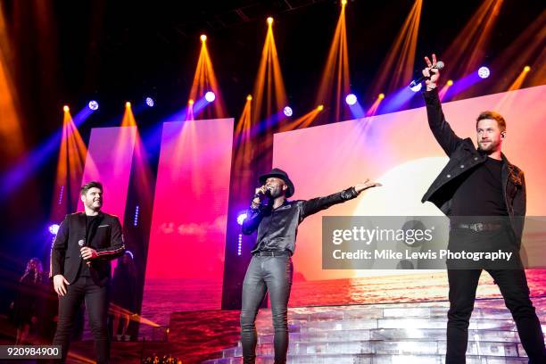 Lloyd Macey, Kevin Davy White and Matt Linnen perform on the X Factor Live tour on February 19, 2018 in Cardiff, United Kingdom.