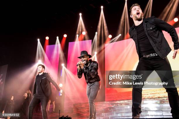 Lloyd Macey, Kevin Davy White and Matt Linnen perform on the X Factor Live tour on February 19, 2018 in Cardiff, United Kingdom.