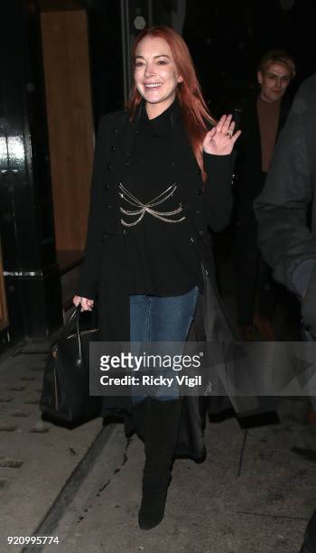 Lindsay Lohan seen attending a fashion party at MNKY HSE in Mayfair during LFW February 2018 on February 19, 2018 in London, England.