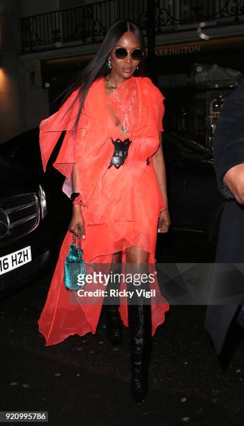 Naomi Campbell seen attending a fashion party at MNKY HSE in Mayfair during LFW February 2018 on February 19, 2018 in London, England.