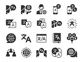 Translation icon set. Included the icons as translate, translator, language, bilingual, dictionary, communication, bi-racial and more.