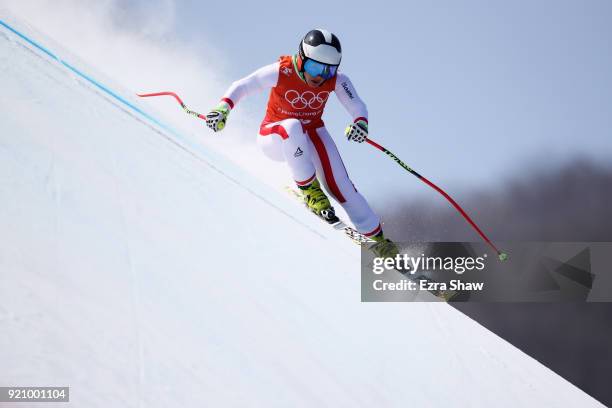 Nicole Schmidhofer of Austria makes a run during the Ladies' Downhill Alpine Skiing training on day eleven of the PyeongChang 2018 Winter Olympic...