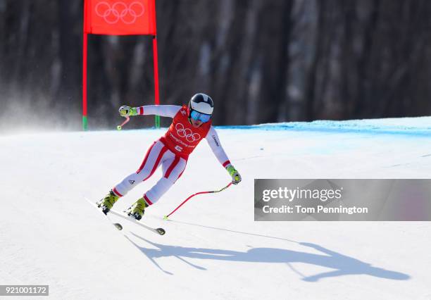 Nicole Schmidhofer of Austria makes a run during the Ladies' Downhill Alpine Skiing training on day eleven of the PyeongChang 2018 Winter Olympic...