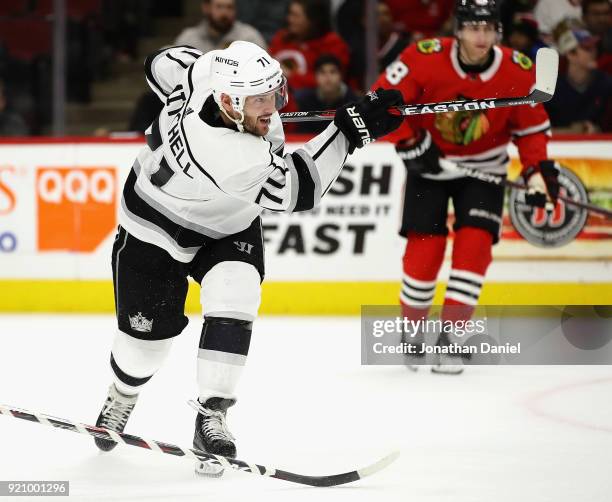 Torrey Mitchell of the Los Angeles Kings fires a shot to score a first period goal against the Chicago Blackhawks at the United Center on February...