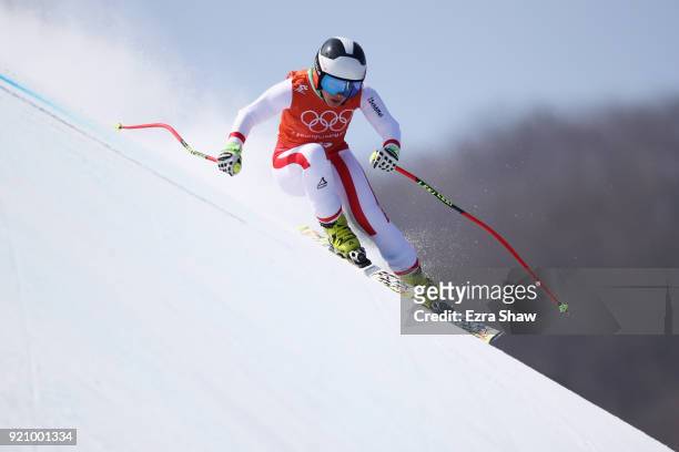 Nicole Schmidhofer of Austria makes a run during the Ladies' Downhill Alpine Skiing training on day eleven of the PyeongChang 2018 Winter Olympic...