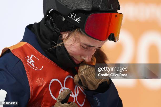 Maddie Bowman of the United States looks dejected following a crash during the Freestyle Skiing Ladies' Ski Halfpipe Final on day eleven of the...