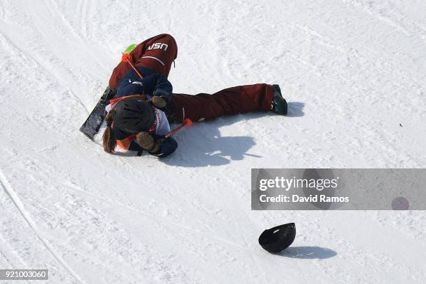 Maddie Bowman of the United States crashes during the Freestyle Skiing Ladies' Ski Halfpipe Final on day eleven of the PyeongChang 2018 Winter...