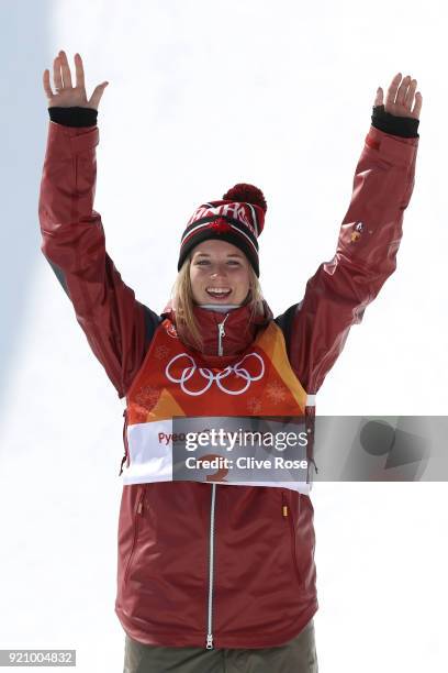 Gold medalist, Cassie Sharpe of Canada celebrates on the podium following the Freestyle Skiing Ladies' Ski Halfpipe Final on day eleven of the...