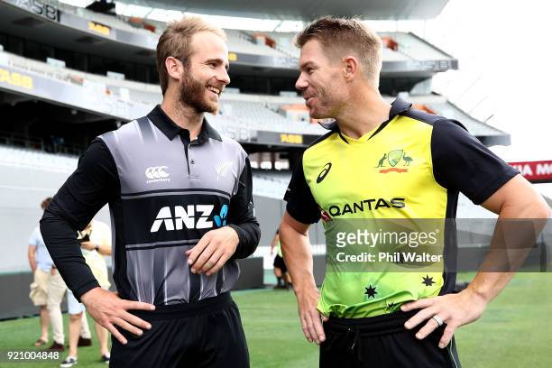 New Zealand Captain Kane Williamson and Australia captain David Warner chat on the field before a New Zealand Blackcaps Training Session & Media...