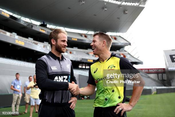 New Zealand Captain Kane Williamson and Australia captain David Warner shake hands before a New Zealand Blackcaps Training Session & Media...