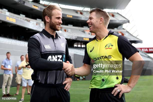 New Zealand Captain Kane Williamson and Australia captain David Warner shake hands before a New Zealand Blackcaps Training Session & Media...