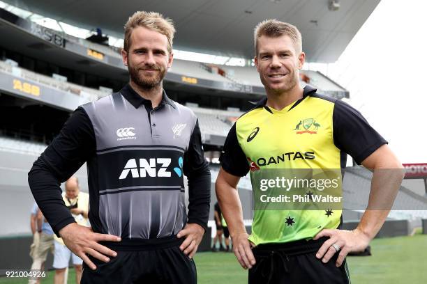 New Zealand Captain Kane Williamson and Australia captain David Warner before a New Zealand Blackcaps Training Session & Media Opportunity at Eden...