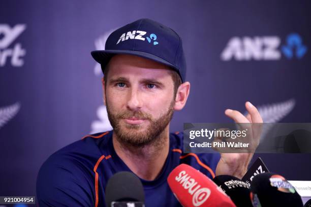 New Zealand Captain Kane Williamson talks to media during a New Zealand Blackcaps Training Session & Media Opportunity at Eden Park on February 20,...