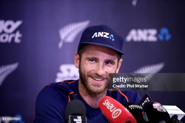 New Zealand Captain Kane Williamson talks to media during a New Zealand Blackcaps Training Session & Media Opportunity at Eden Park on February 20,...