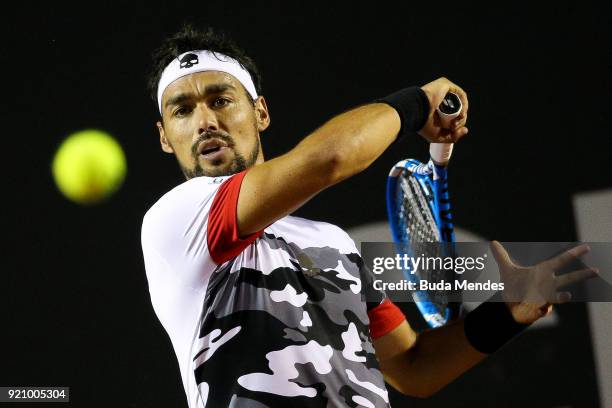 Fabio Fognini of Italy returns a shot to Fabio Fognini of Italy during the ATP Rio Open 2018 at Jockey Club Brasileiro on February 19, 2018 in Rio de...