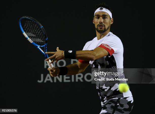 Fabio Fognini of Italy returns a shot to Thomaz Bellucci of Brazil during the ATP Rio Open 2018 at Jockey Club Brasileiro on February 19, 2018 in Rio...