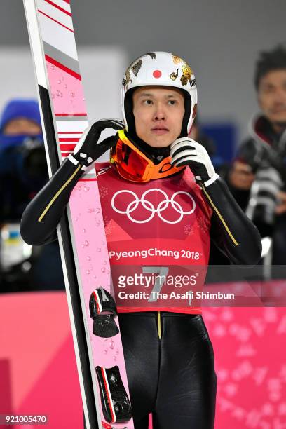 Taku Takeuchi of Japan reacts after competing in the second jump during the Ski Jumping - Men's Team Large Hill on day ten of the PyeongChang 2018...
