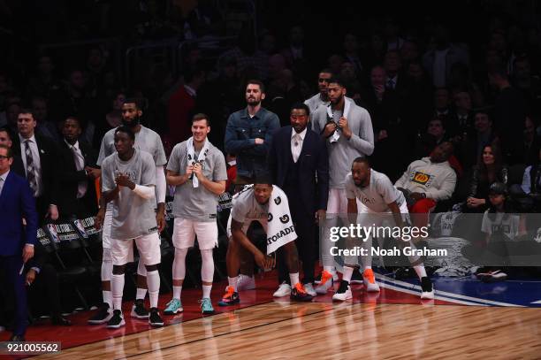 Victor Oladipo of team LeBron celebrates with Andre Drummond, Goran Dragic, Bradley Beal, Kevin Love, John Wall, Anthony Davis, and Kemba Walker of...