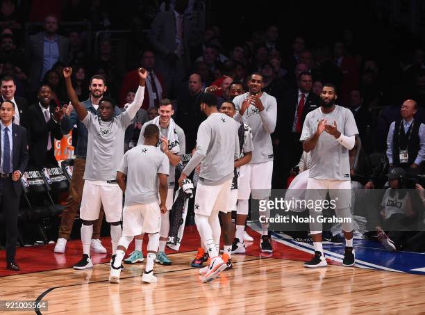 Victor Oladipo of team LeBron celebrates with his teammates during the NBA All-Star Game as a part of 2018 NBA All-Star Weekend at STAPLES Center on...