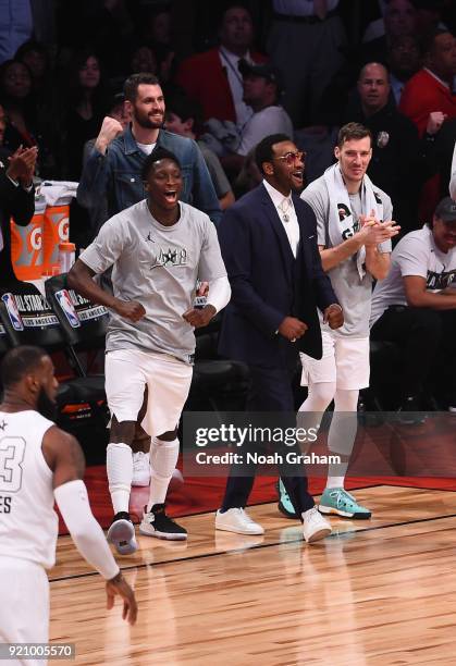 Victor Oladipo of team LeBron celebrates with his teammates during the NBA All-Star Game as a part of 2018 NBA All-Star Weekend at STAPLES Center on...