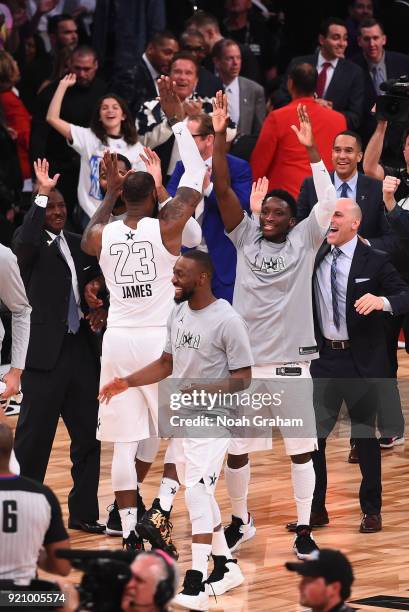 Victor Oladipo of team LeBron celebrates with his teammates during the NBA All-Star Game as a part of 2018 NBA All-Star Weekend at STAPLES Center on...