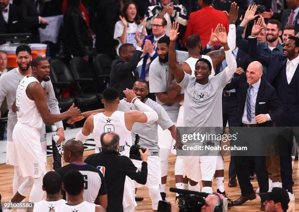 Victor Oladipo of team LeBron celebrates with his teammates during the NBA All-Star Game as a part of 2018 NBA All-Star Weekend at STAPLES Center on...