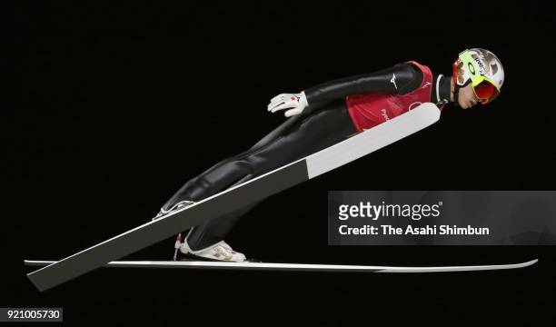 Taku Takeuchi of Japan competes in the first jump during the Ski Jumping - Men's Team Large Hill on day ten of the PyeongChang 2018 Winter Olympic...