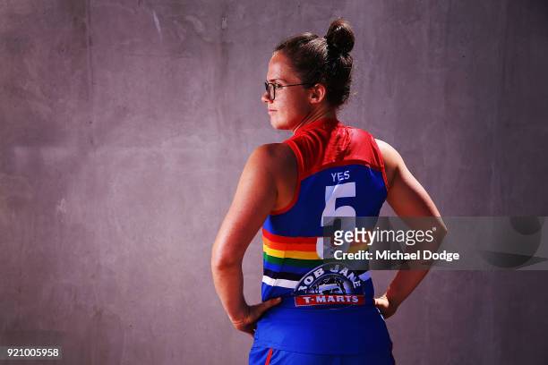 Bulldog Emma Kearney poses in front of the E.J Whittem Stand with the Pride guernsey to be worn for Friday nightÕs game during an AFLW media...